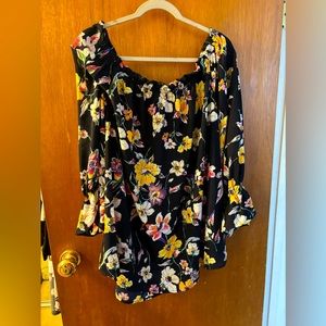 Silky blue blouse with flowers